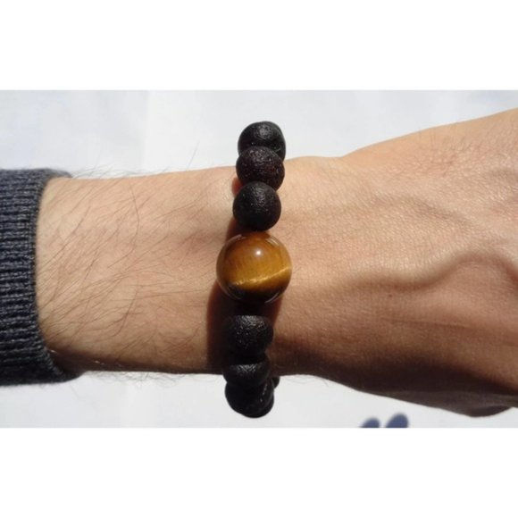 Amber Bracelet w Tigers Eye Bead, Unisex Bracelet, Baltic Amber Bracelet 23 cm - Picture 4 of 9